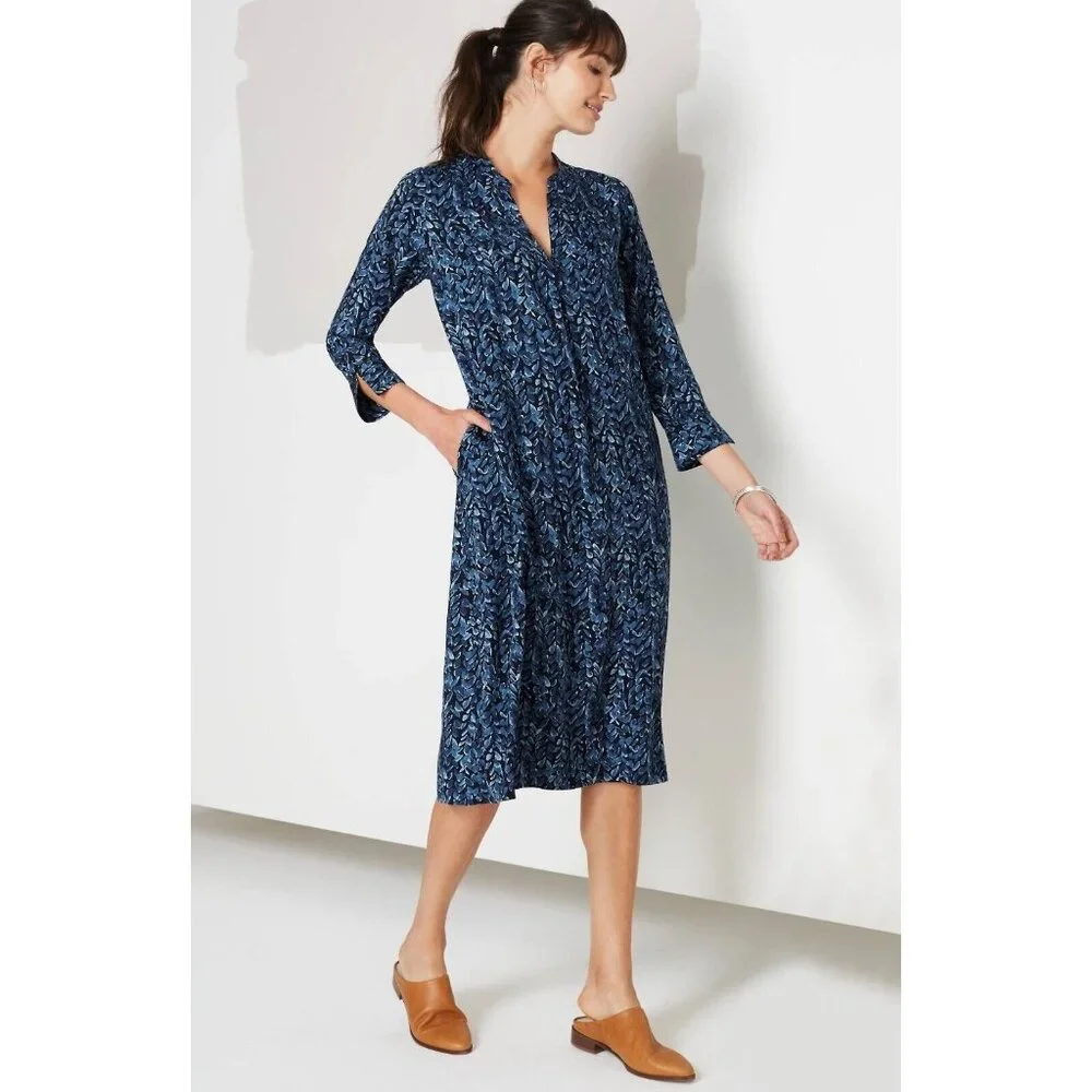 Pure J.Jill Dress Midi Blue Floral Print V Neck 3/4 Sleeve NWT